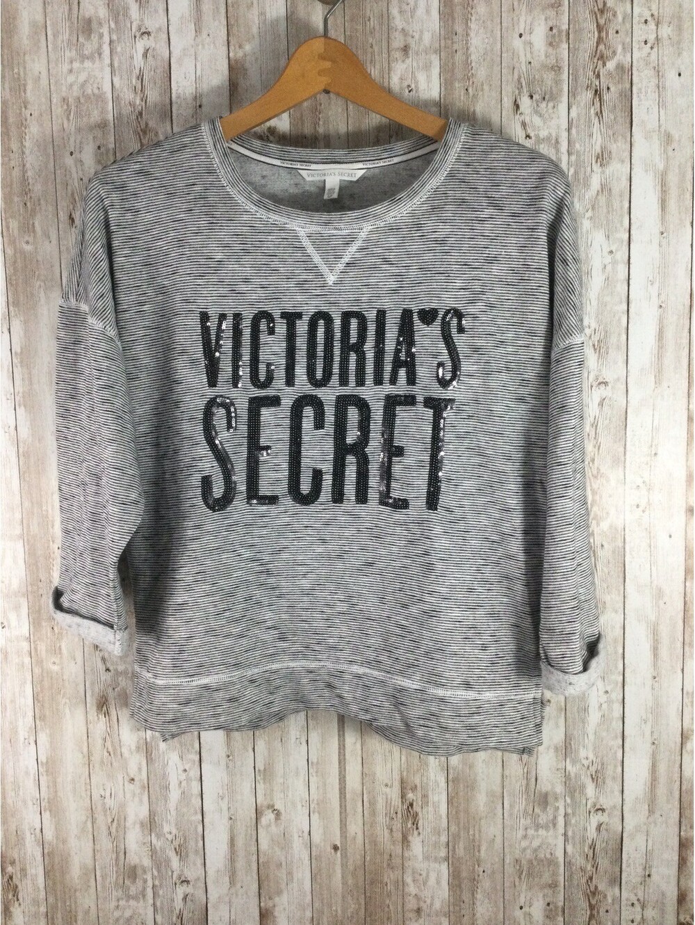 Victoria’s Secret Semi Crop Top Womens Small Black 3/4th Sleeves Sequin LOGO